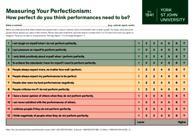 Perfectionism worksheets - Research at York St John